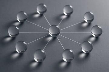 Centralized network hub represented by clear glass spheres.