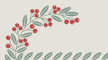Illustration of a branch with red berries and grey leaves on a beige background with leaf border design