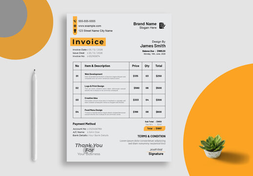 Invoice Layout With Black And White Accents