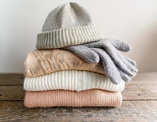 Stacked knit sweaters with hat and gloves for winter comfort