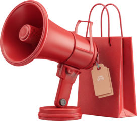 Exciting red megaphone sale announcement with shopping bag promotion