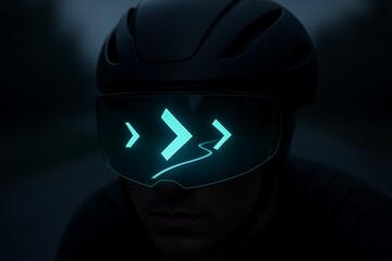 Cyclist wearing a helmet with an augmented reality HUD interface.
