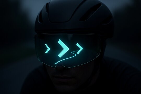 Cyclist wearing a helmet with an augmented reality HUD interface. - Powered by Adobe