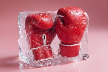 Image of frozen red boxing gloves encased in ice cubes, on a pink background, with cinematic lighting and pastel tones, hyperrealistic image