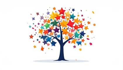 Abstract Tree Illustration with Colorful Star Shaped Leaves on White Background