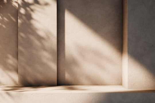 Luxury architecture interior design aesthetic with tree shadow on beige plaster wall. Minimal background for natural product brand display.