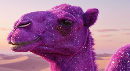Purple camel with glitter in desert landscape