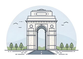 Minimalist concept art of India Gate with flat shading and symmetry.