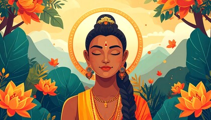 Illustration of a woman in spiritual meditation with a golden halo, amidst a backdrop of lotus flowers, mountains, and foliage