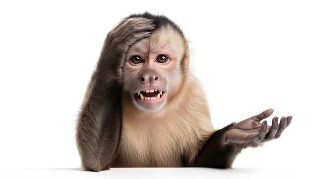 Surprised monkey with hand on head and open mouth asking for help or attention