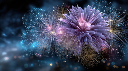 Fototapeta premium Stunning display of colorful fireworks bursts against dark background, resembling vibrant flower. scene evokes joy and celebration