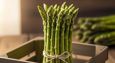 Fresh Asparagus Bunch Tied with Twine in Wooden Crate.