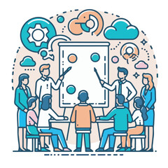 Flat design meeting and teamwork icon set including brainstorming, discussion, presentation, collaboration, and business agreement