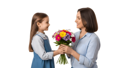 Girl giving flowers to her mother.