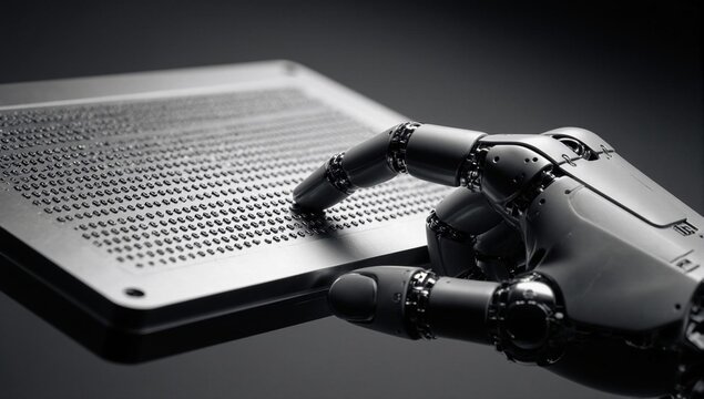AI powered robot hand reading a tactile data interface.