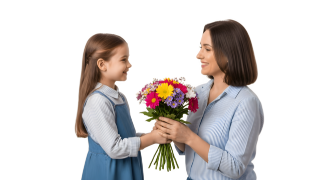 Girl giving flowers to her mother.