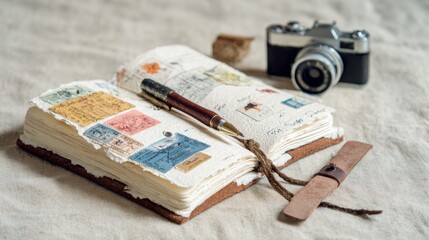 Open Travel Journal with Ticket Stubs, Pen, and Camera on Linen Texture Background - Minimalist Top View Composition