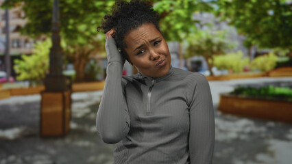 Woman scratches head on a leafy street near wooden benches and green trees in a puzzled gesture under midday light; uncertainty.