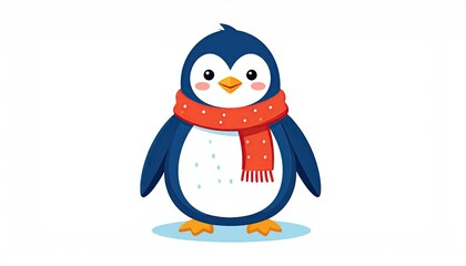 Obraz premium Cartoon Penguin with Red Scarf on White Background Illustration