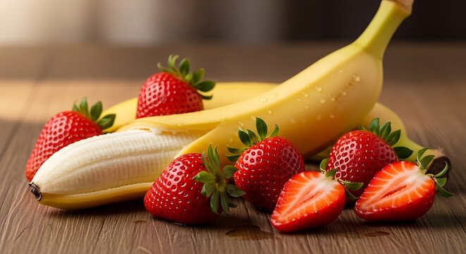 Fresh Ripe Strawberries and Banana on Wooden Table. - Powered by Adobe