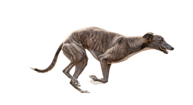 Greyhound dog in a running pose focused on the animals form and motion showcasing its athletic build and speed.