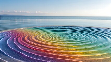Colorful, swirling water creates a mesmerizing rainbow ripple effect.