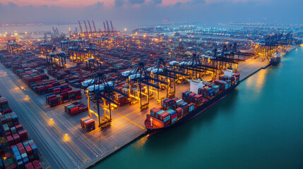 Aerial View of Busy Container Port with Cargo Ships at Night