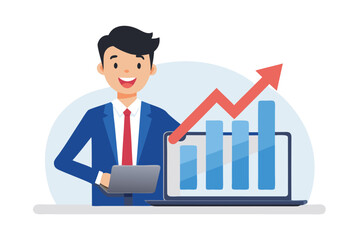 Smiling businessman in suit holding a laptop with a growing graph behind him, symbolizing business growth isolated on white background