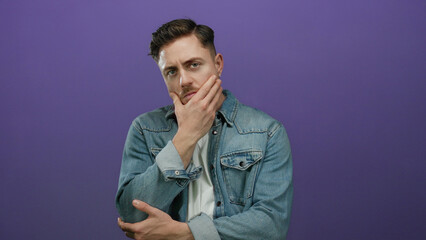 Young man with beard in denim jacket pondering against a vibrant purple background exemplifies thoughtful contemplation and casual style in an isolated setting