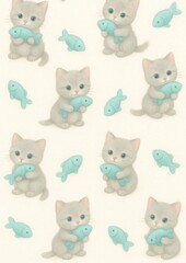 Obraz premium Cute kittens holding blue fish.