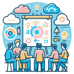 Flat design meeting and teamwork icon set including brainstorming, discussion, presentation, collaboration, and business agreement