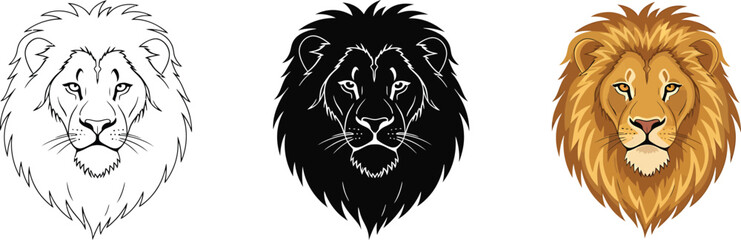 Three majestic lion heads detailed sketch black outline and colorful realistic rendering majestic king of the jungle portrait vector