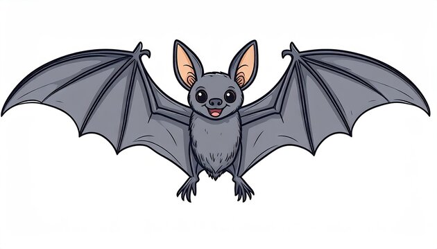 Cartoon Style Gray Bat with Wings Spread Flat Vector Illustration on a White Background Isolated for Graphic Design Children's Book