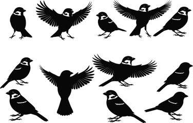 Black bird silhouette vector set featuring perched and flying poses, abstract avian icons for nature, design, tattoo, and decoration use