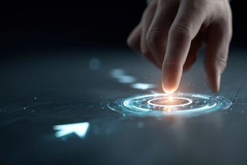 Finger activating a futuristic interface with glowing light.