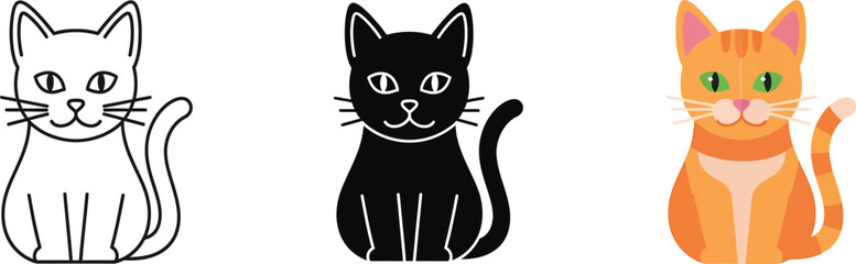 Collection of three cute cat art styles featuring sketch outline silhouette and colorful rendered feline characters sitting posed for adoption or playful moments vector