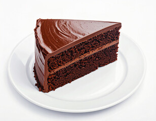 Chocolate Cake Slice on White Plate with Full View and Sharp Detail	