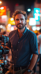 Fototapeta premium This male filmmaker stands with his professional video camera at night, capturing urban scenes with colorful bokeh lights.