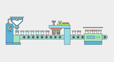 Automated production line filling containers on a conveyor belt.