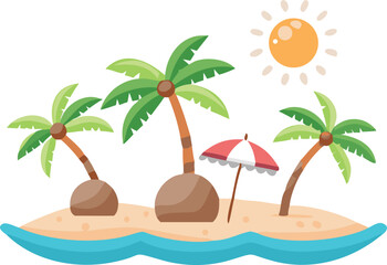 Vector illustration of a tropical island featuring palm trees and a bright sun in a clear blue sky.