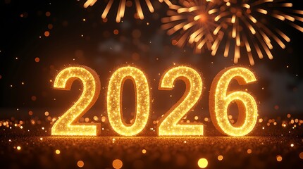 Golden 2026 Typography with Sparkling Fireworks in Night Sky – Luxury New Year Celebration Background