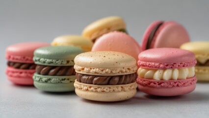 Fototapeta premium Colorful French Macarons Stack on Bright Pastel Background