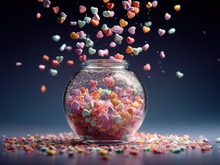 3D render of glass vase with falling candy hearts, dark background, wide-angle product visual