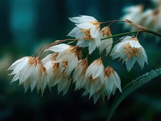 Close-up of delicate white grasses and wildflowers in forest, blurred background with bokeh effect, soft green nature