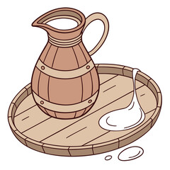 A wooden pitcher filled with white liquid sits on a round wooden tray. Some liquid has spilled onto the tray and surface below. The pitcher has a handle and barrel-like bands, creating a rustic.