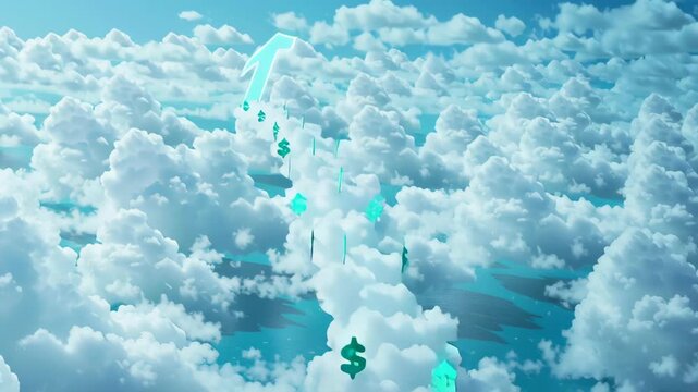 Financial Growth Arrow Rocket Launching Through Clouds with Money Symbols Trail