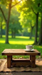 Fototapeta premium Empty rustic wooden coffee table, burlap tablecloth, blurred park background, top view, autumn, bokeh