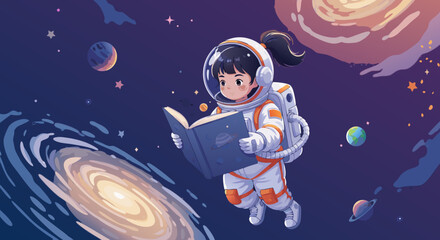 Naklejka premium A curious young girl in an astronaut suit floats through the cosmos, engrossed in a book, surrounded by galaxies and planets, symbolizing the pursuit of knowledge and exploration beyond Earth