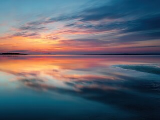 Serene horizon landscape with gentle pastel colors, water reflecting sky at dusk, motion blur