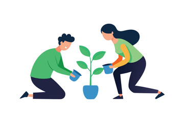 A couple is planting a tree together, symbolizing teamwork, sustainability, and environmental responsibility isolated on white background